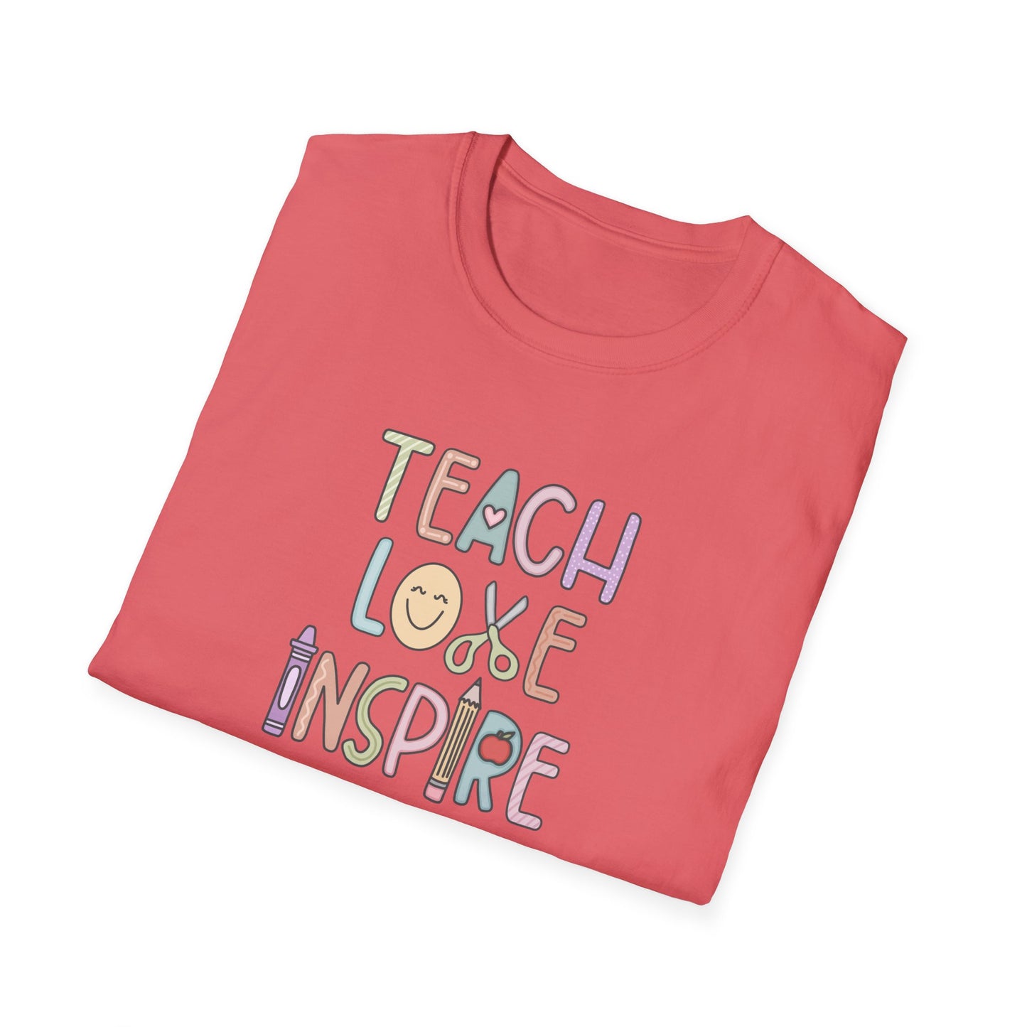 Inspirational Teacher T-Shirt - Teach, Love, Inspire, Gift for Educators, Unisex Softstyle Tee, Classroom Wear, Motivational Apparel