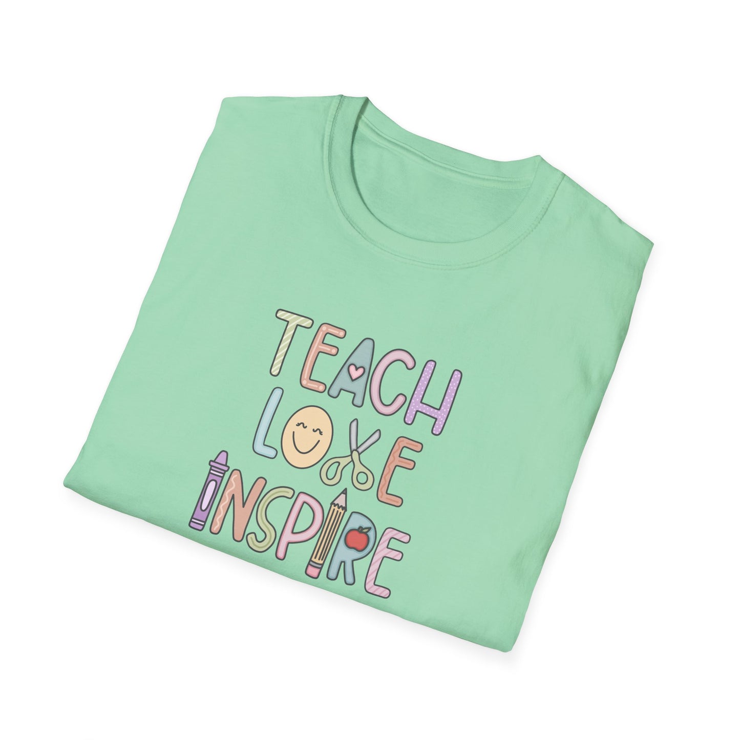 Inspirational Teacher T-Shirt - Teach, Love, Inspire, Gift for Educators, Unisex Softstyle Tee, Classroom Wear, Motivational Apparel