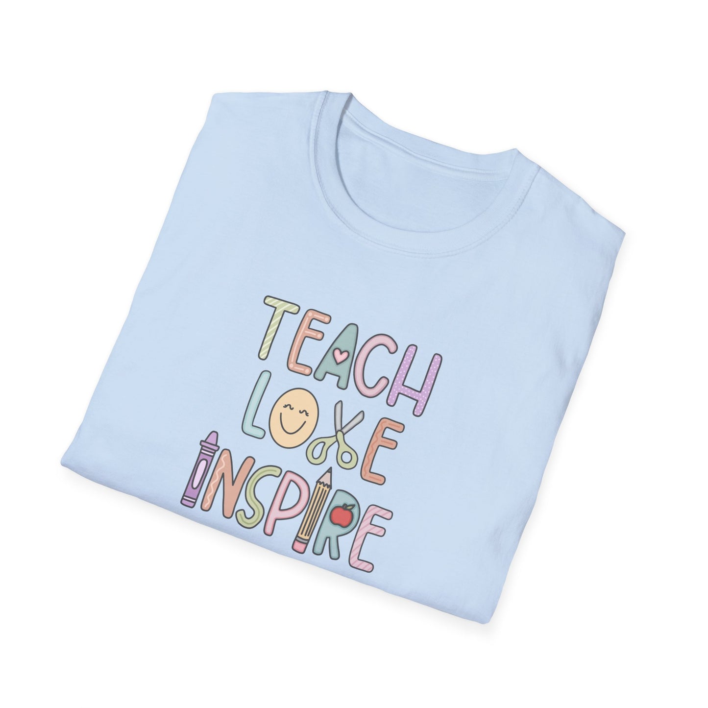 Inspirational Teacher T-Shirt - Teach, Love, Inspire, Gift for Educators, Unisex Softstyle Tee, Classroom Wear, Motivational Apparel