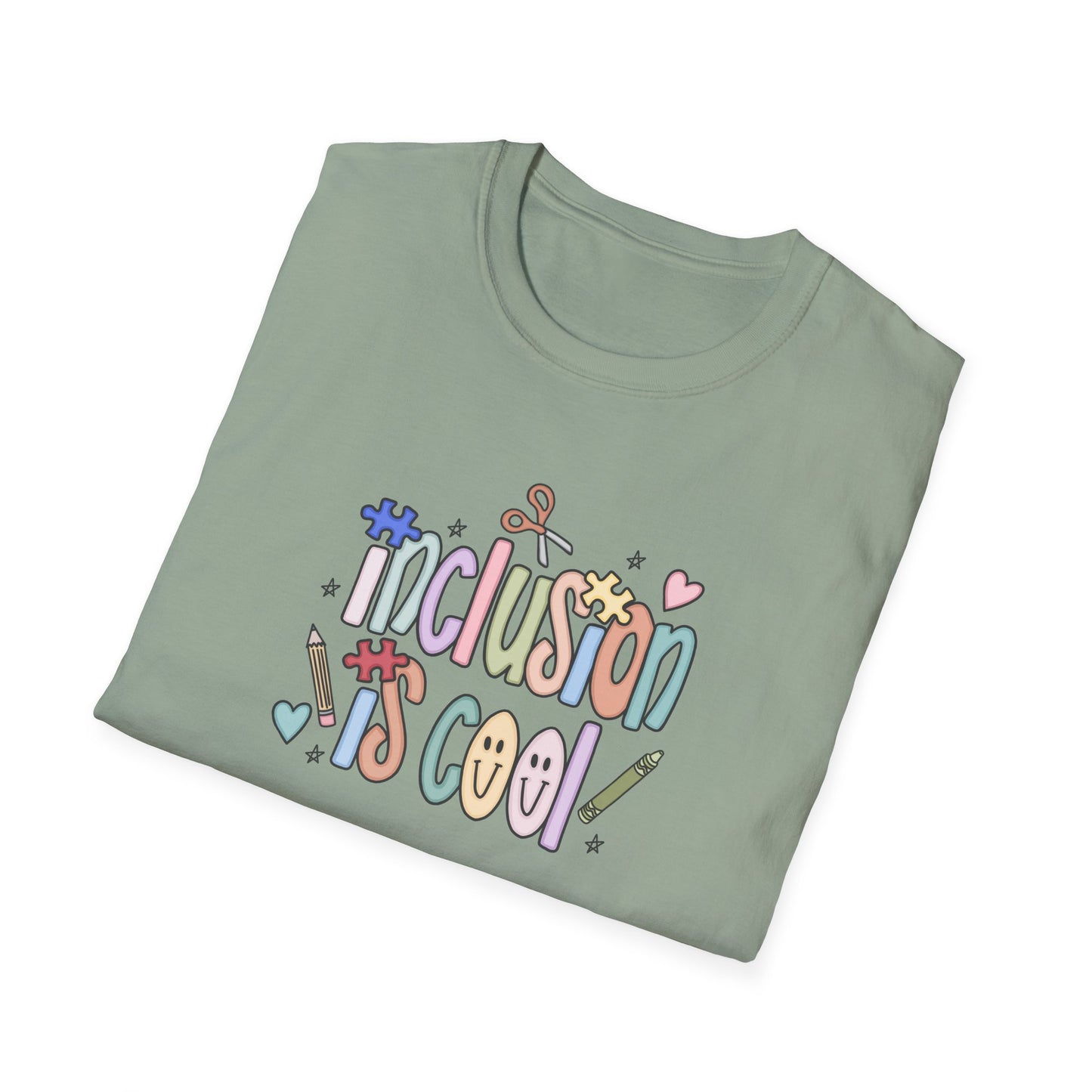 Inclusion is Cool Unisex Softstyle T-Shirt, ESE Lightweight Tee, Educational Gift, Special Ed Lover Apparel, Back to School Shirt, Fun Shirt for Kids