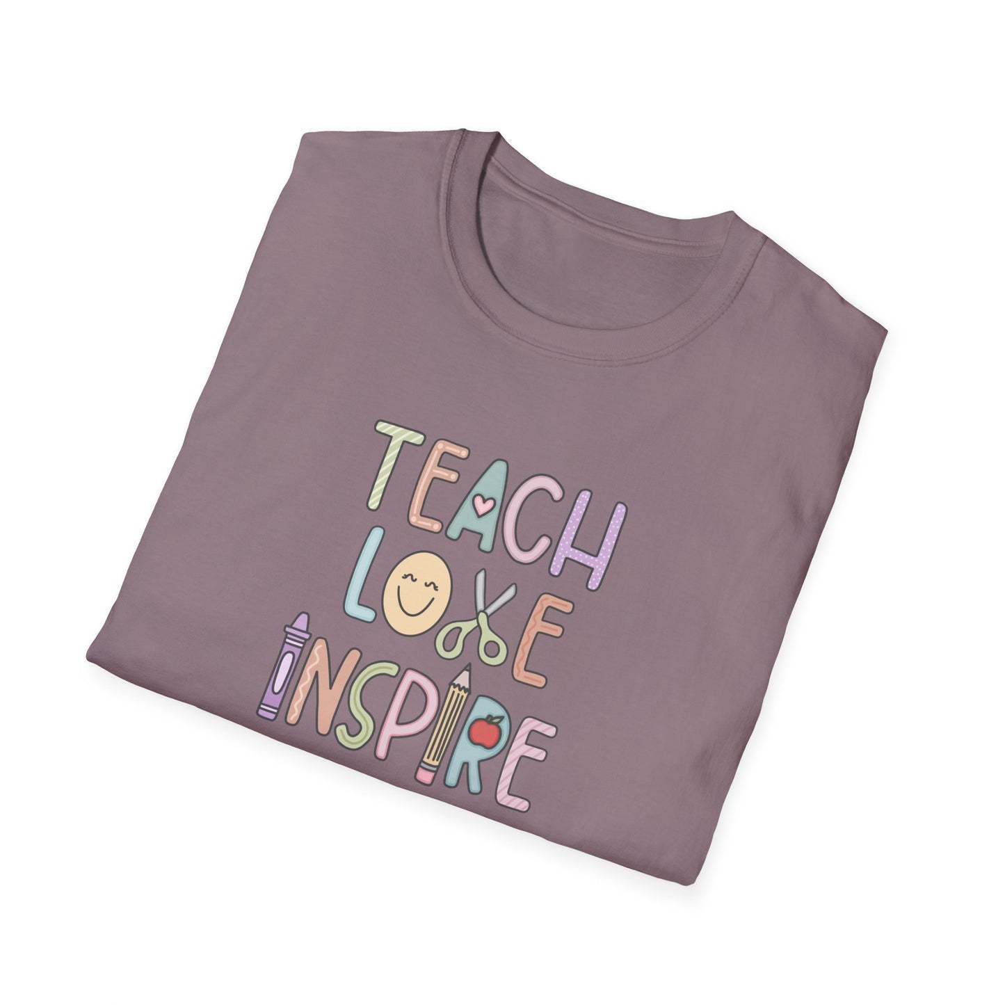 Inspirational Teacher T-Shirt - Teach, Love, Inspire, Gift for Educators, Unisex Softstyle Tee, Classroom Wear, Motivational Apparel