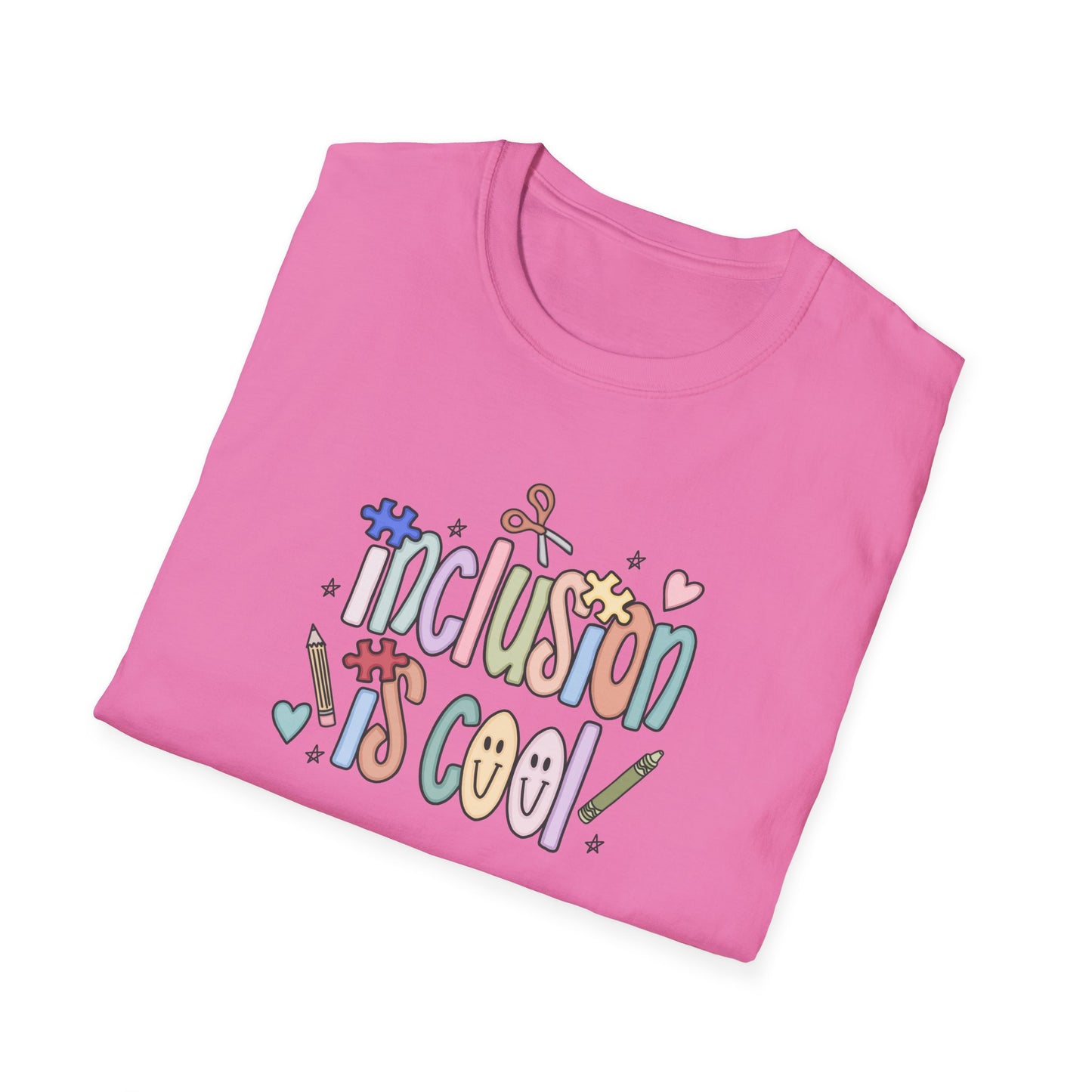 Inclusion is Cool Unisex Softstyle T-Shirt, ESE Lightweight Tee, Educational Gift, Special Ed Lover Apparel, Back to School Shirt, Fun Shirt for Kids