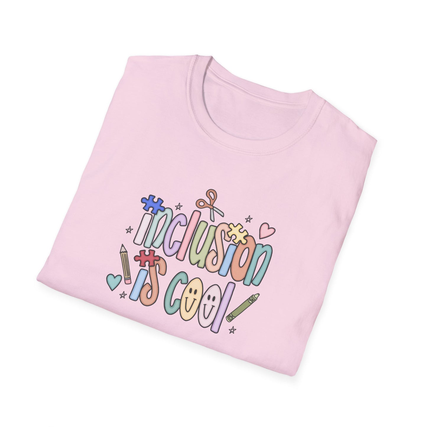 Inclusion is Cool Unisex Softstyle T-Shirt, ESE Lightweight Tee, Educational Gift, Special Ed Lover Apparel, Back to School Shirt, Fun Shirt for Kids