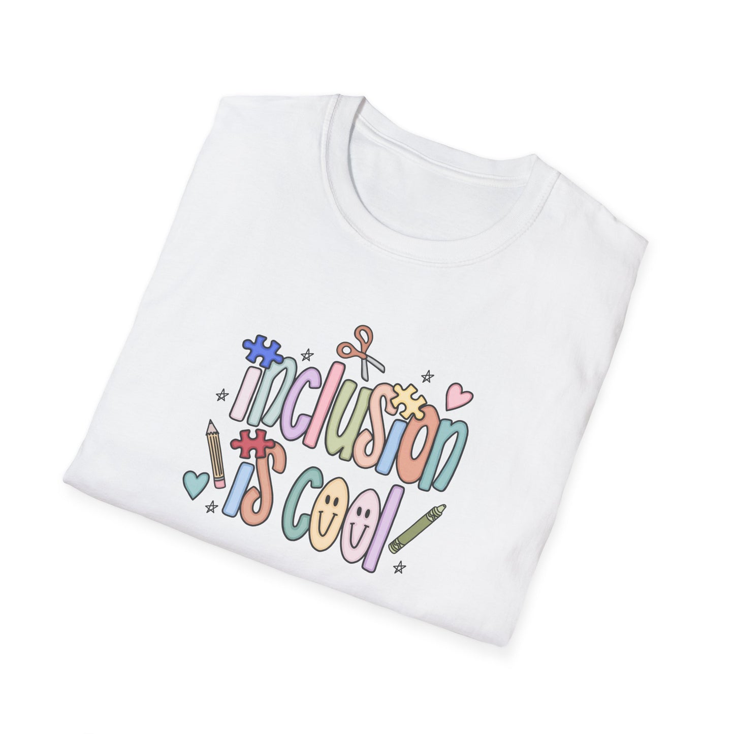 Inclusion is Cool Unisex Softstyle T-Shirt, ESE Lightweight Tee, Educational Gift, Special Ed Lover Apparel, Back to School Shirt, Fun Shirt for Kids