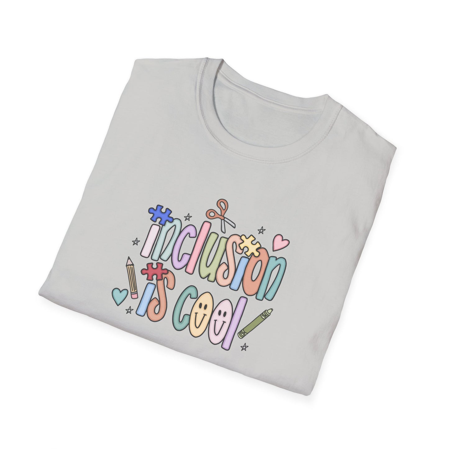 Inclusion is Cool Unisex Softstyle T-Shirt, ESE Lightweight Tee, Educational Gift, Special Ed Lover Apparel, Back to School Shirt, Fun Shirt for Kids