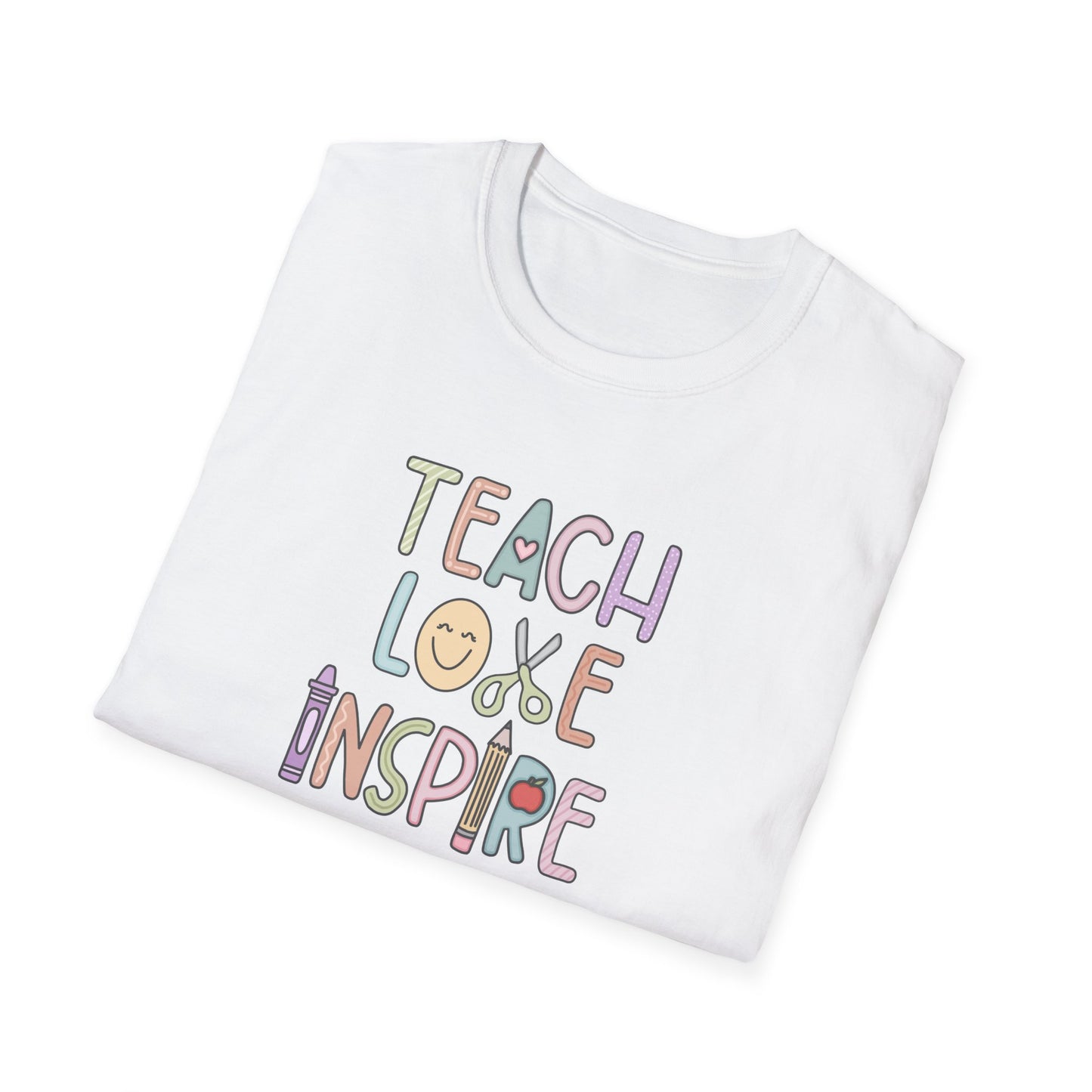 Inspirational Teacher T-Shirt - Teach, Love, Inspire, Gift for Educators, Unisex Softstyle Tee, Classroom Wear, Motivational Apparel