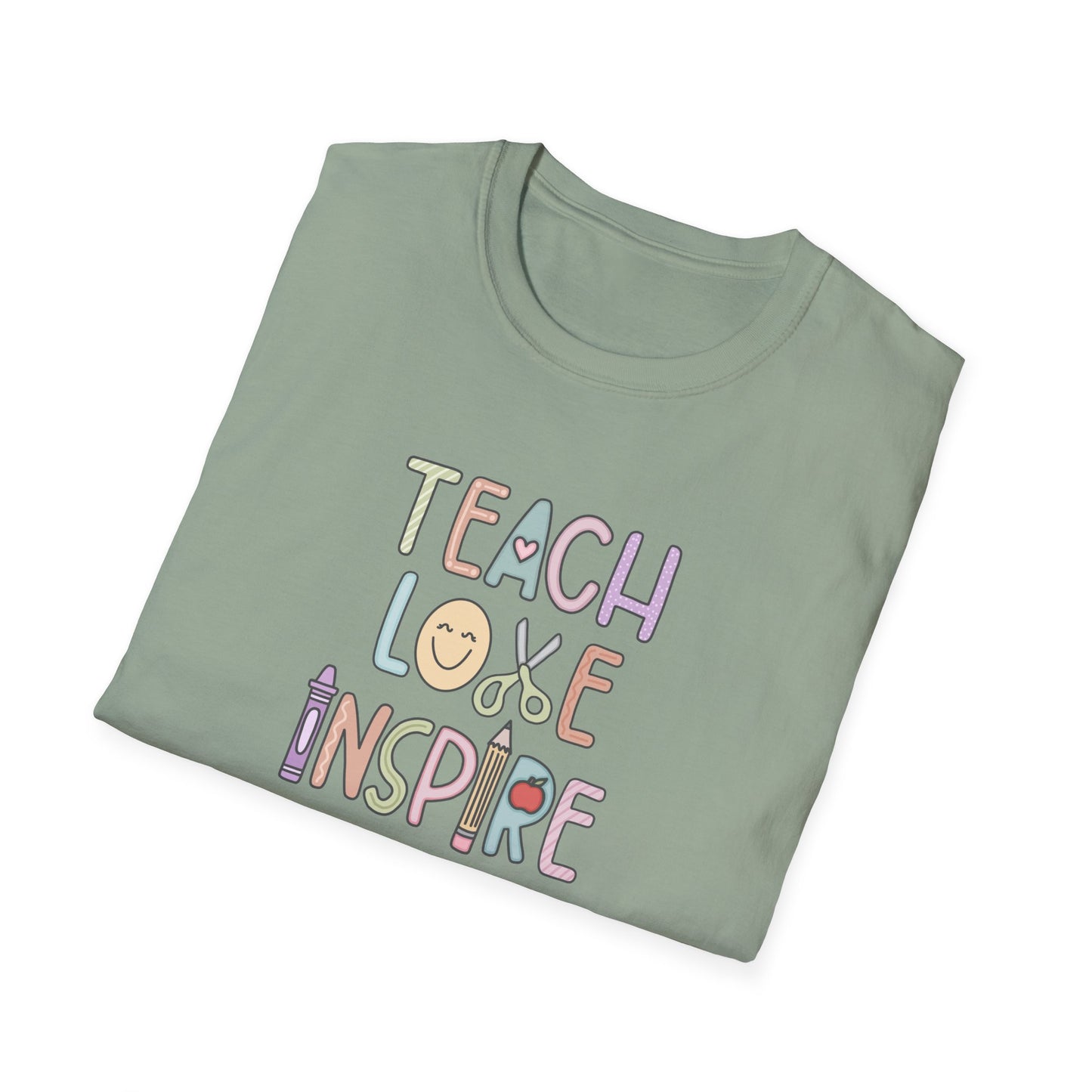 Inspirational Teacher T-Shirt - Teach, Love, Inspire, Gift for Educators, Unisex Softstyle Tee, Classroom Wear, Motivational Apparel