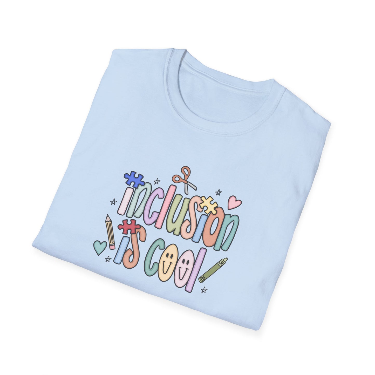 Inclusion is Cool Unisex Softstyle T-Shirt, ESE Lightweight Tee, Educational Gift, Special Ed Lover Apparel, Back to School Shirt, Fun Shirt for Kids