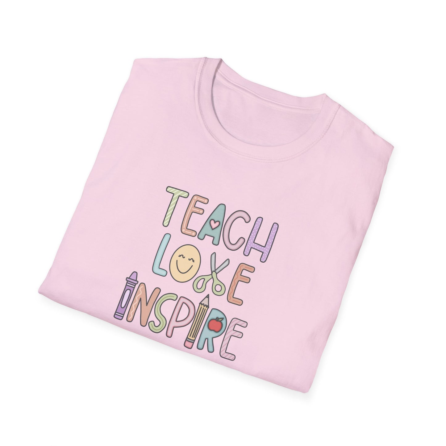 Inspirational Teacher T-Shirt - Teach, Love, Inspire, Gift for Educators, Unisex Softstyle Tee, Classroom Wear, Motivational Apparel