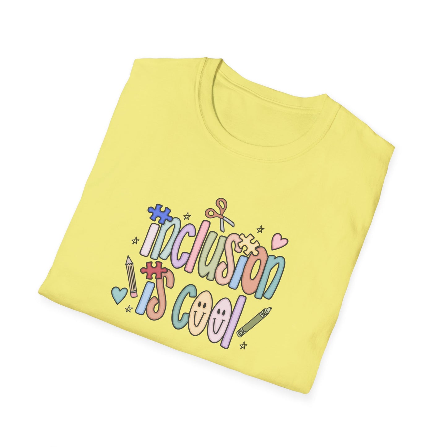 Inclusion is Cool Unisex Softstyle T-Shirt, ESE Lightweight Tee, Educational Gift, Special Ed Lover Apparel, Back to School Shirt, Fun Shirt for Kids