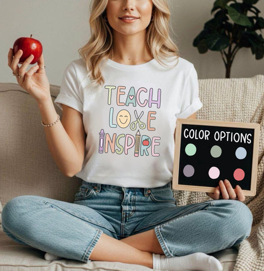 Inspirational Teacher T-Shirt - Teach, Love, Inspire, Gift for Educators, Unisex Softstyle Tee, Classroom Wear, Motivational Apparel