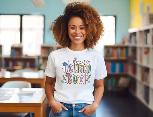 Inclusion is Cool Unisex Softstyle T-Shirt, ESE Lightweight Tee, Educational Gift, Special Ed Lover Apparel, Back to School Shirt, Fun Shirt for Kids